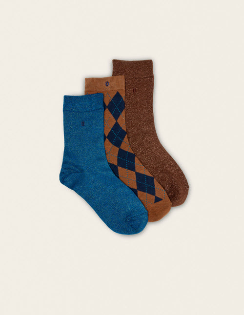 Pack De 3 Chaussettes - Fantaisie Losanges Et Paillettes Marron Bleu
