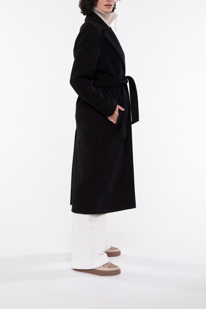 Manteau Long Ceinturé En Drap De Laine Noir