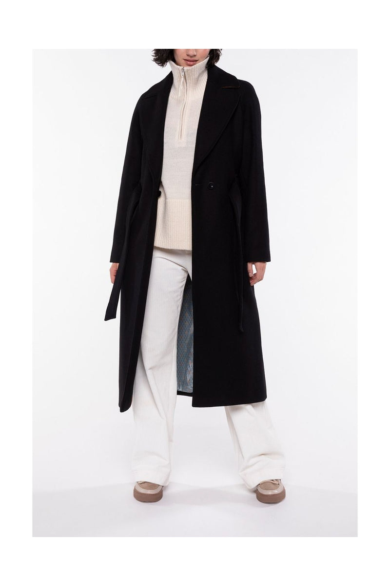 Manteau Long Ceinturé En Drap De Laine Noir