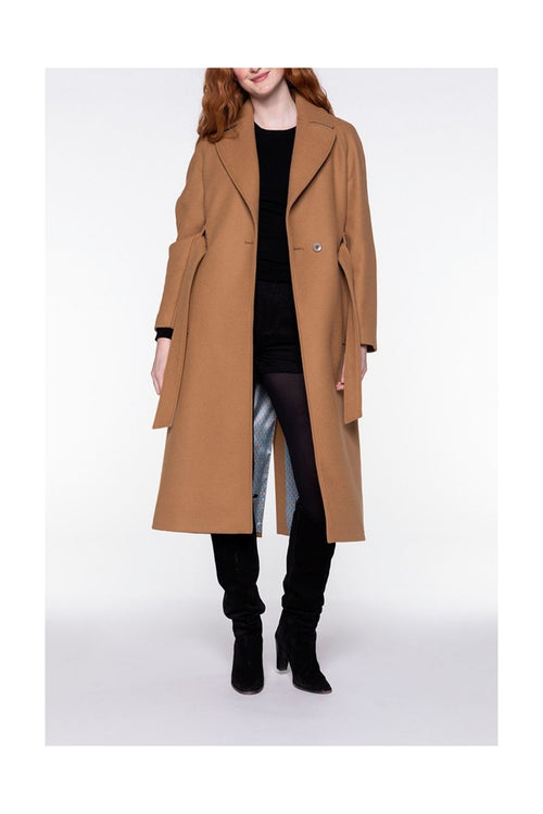 Manteau Long Ceinturé En Drap De Laine Caramel