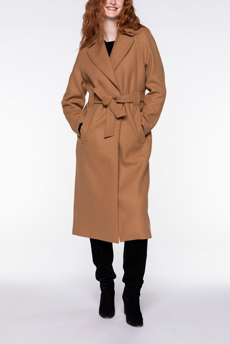 Manteau Long Ceinturé En Drap De Laine Caramel