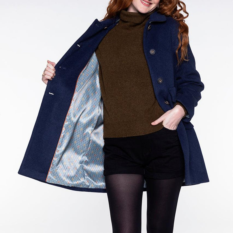 Manteau Évasé En Drap De Laine Chiné Bleu Océan