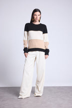 Jersey de cuello redondo tricolor Selene - Negro, blanco y beige crema con lúrex dorado - Mujer