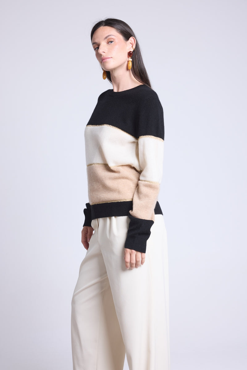 Pull Col Rond Tricolor Selene - Noir Blanc Et Beige Creme Avec Lurex Dore - Femme