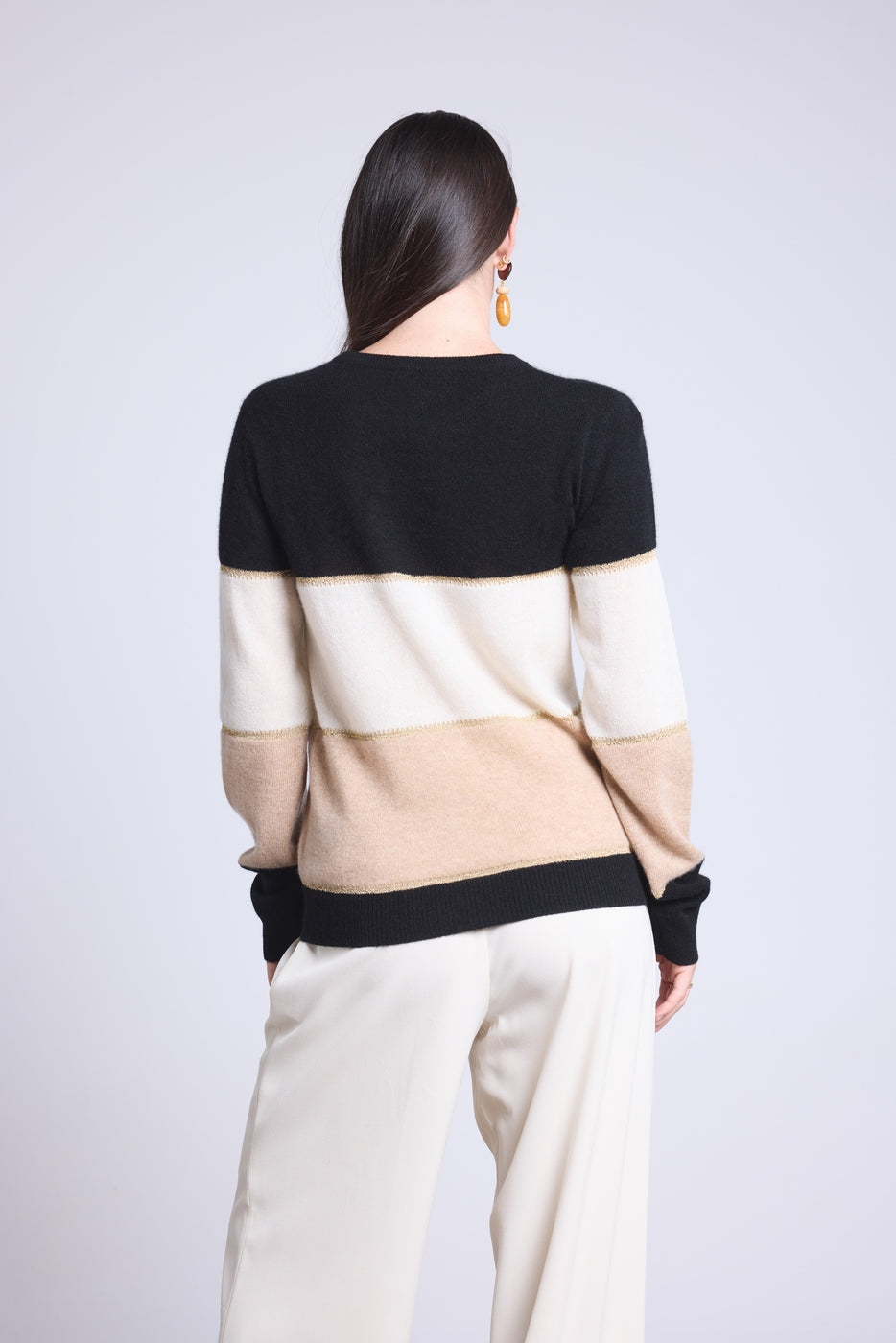 Jersey de cuello redondo tricolor Selene - Negro, blanco y beige crema con lúrex dorado - Mujer