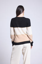 Jersey de cuello redondo tricolor Selene - Negro, blanco y beige crema con lúrex dorado - Mujer