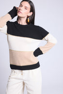 Pull Col Rond Tricolor Selene - Noir Blanc Et Beige Creme Avec Lurex Dore - Femme