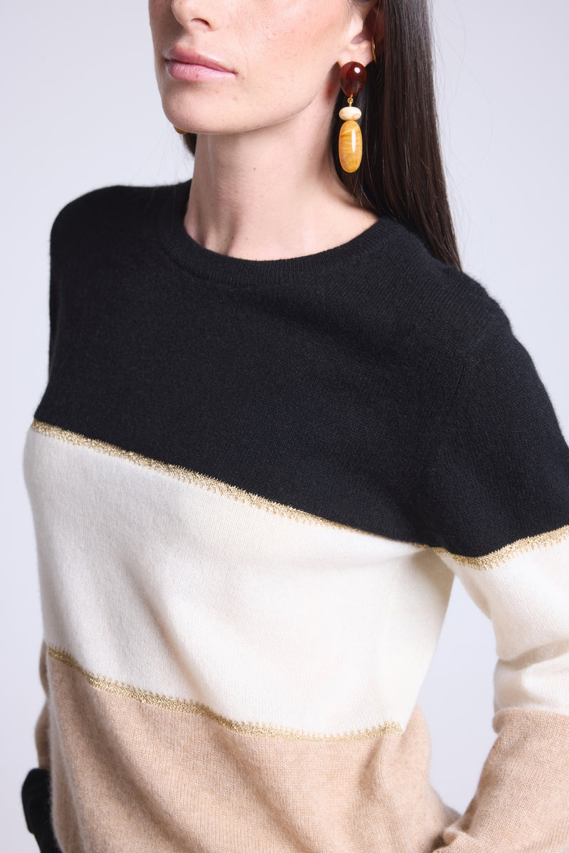 Pull Col Rond Tricolor Selene - Noir Blanc Et Beige Creme Avec Lurex Dore - Femme