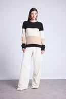 Pull Col Rond Tricolor Selene - Noir Blanc Et Beige Creme Avec Lurex Dore - Femme