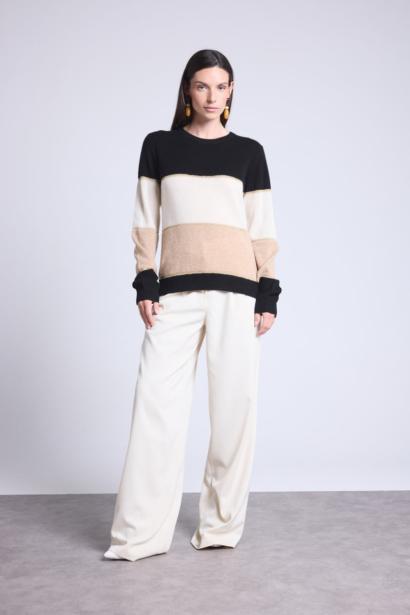 Pull Col Rond Tricolor Selene - Noir Blanc Et Beige Creme Avec Lurex Dore - Femme