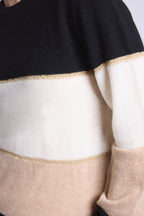 Jersey de cuello redondo tricolor Selene - Negro, blanco y beige crema con lúrex dorado - Mujer