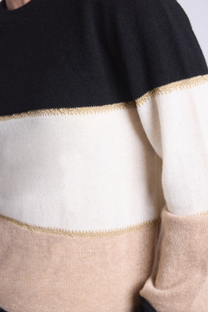 Pull Col Rond Tricolor Selene - Noir Blanc Et Beige Creme Avec Lurex Dore - Femme
