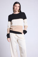 Pull Col Rond Tricolor Selene - Noir Blanc Et Beige Creme Avec Lurex Dore - Femme