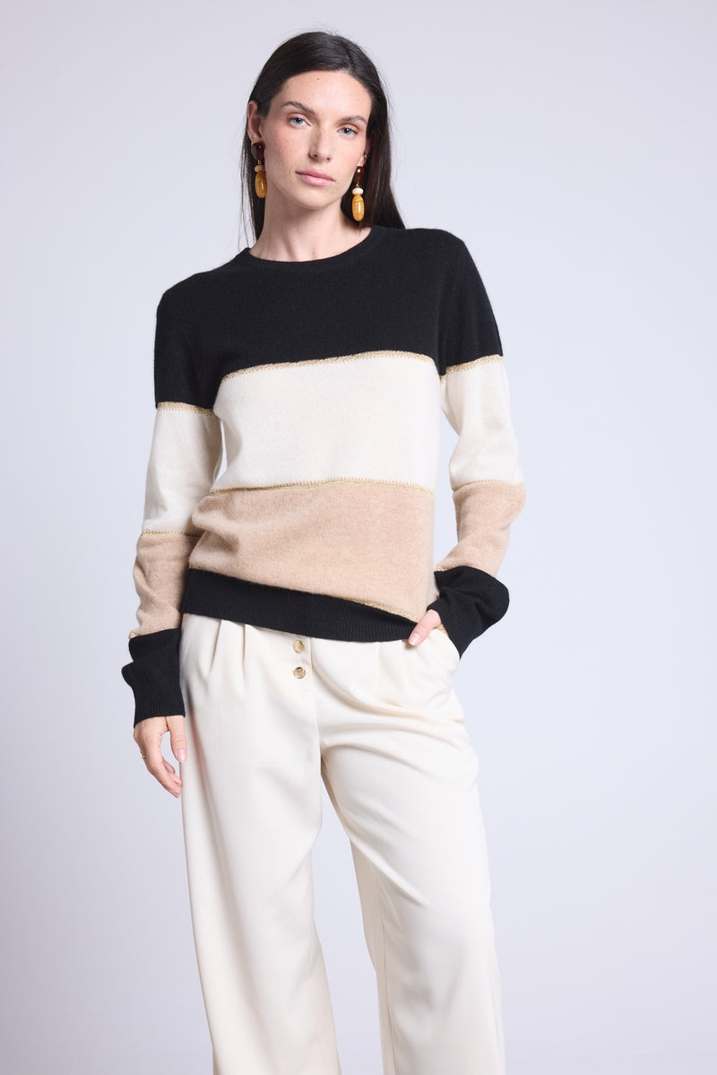 Pull Col Rond Tricolor Selene - Noir Blanc Et Beige Creme Avec Lurex Dore - Femme