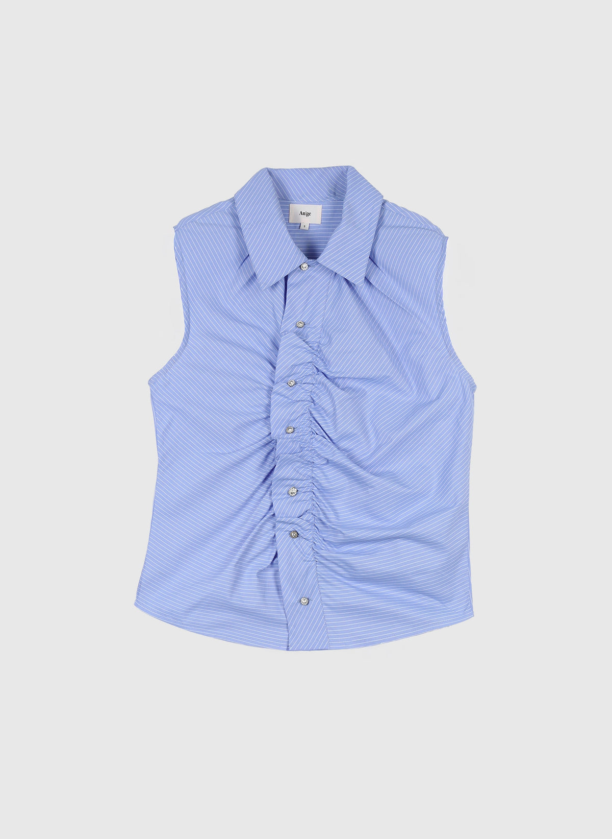 An'ge – Chemise Selyan Rayure, chemise sans manches bleue à rayures blanches, froncée sur le devant