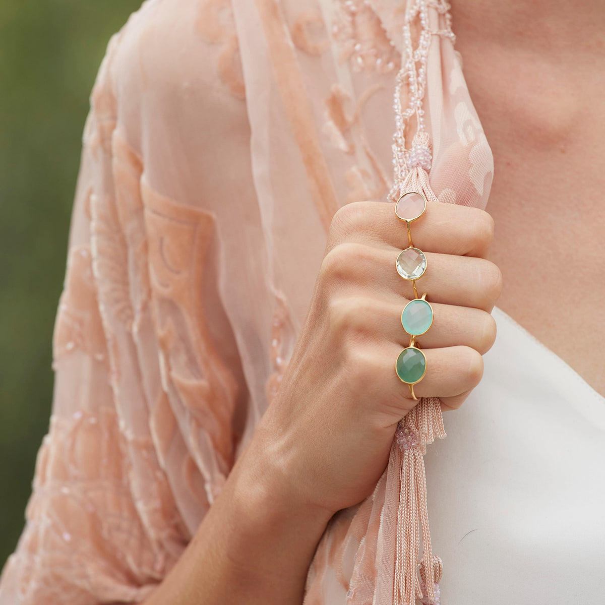 Gold Ring Set Large Model Blue Chalcedony