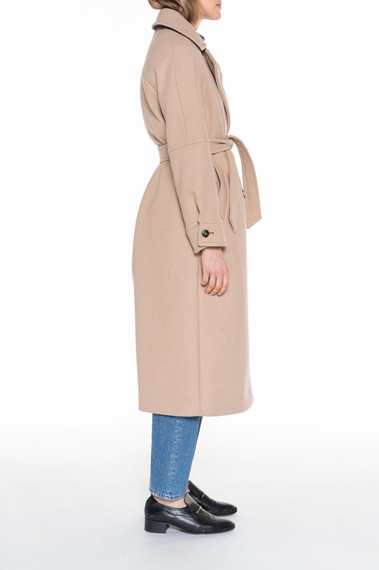 Manteau Long Ceinturé En Drap De Laine Sable