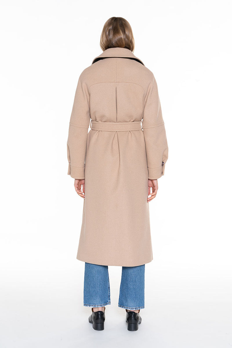 Manteau Long Ceinturé En Drap De Laine Sable