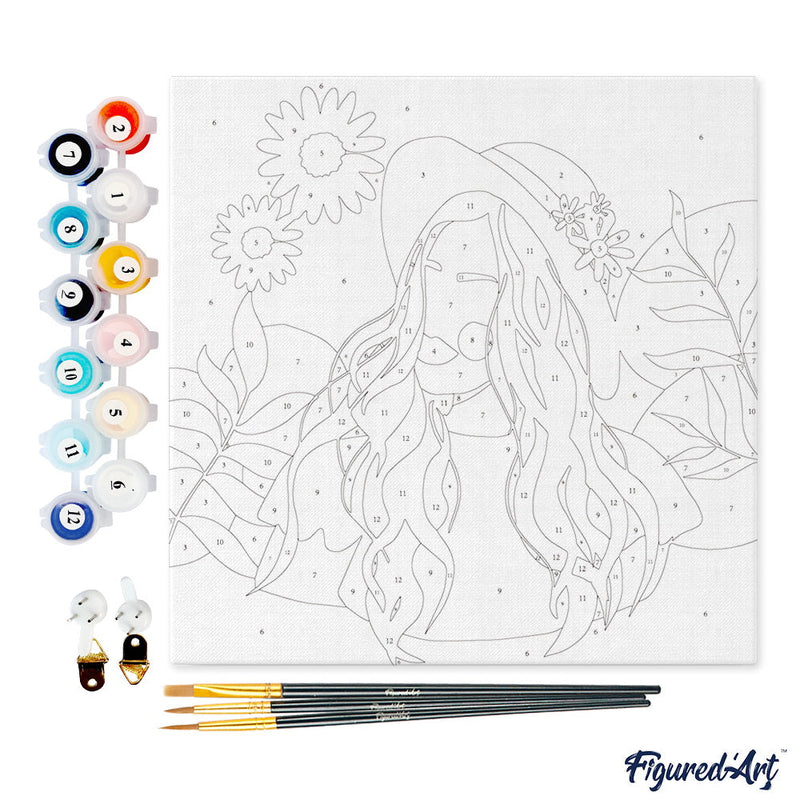 Mini Peinture Par Numéros 20X20Cm Avec Cadre Femme Et Marguerites