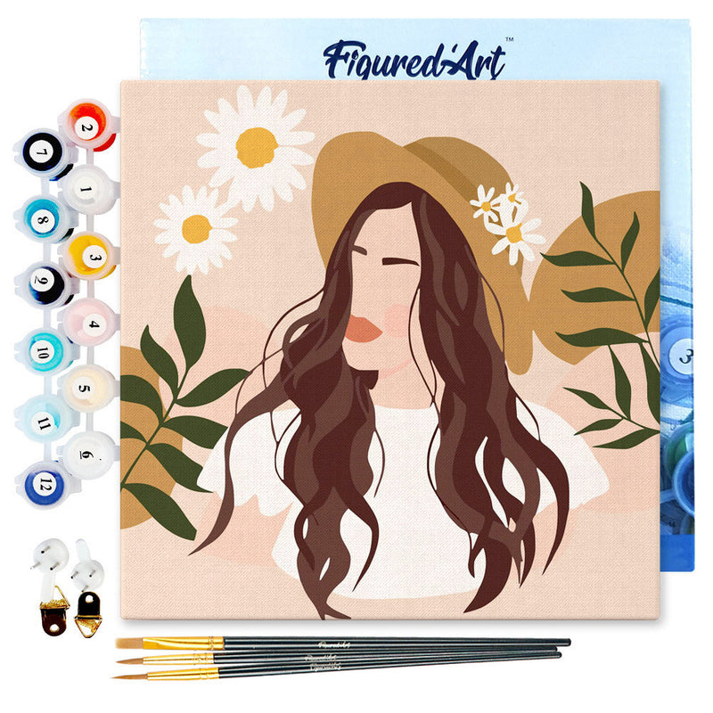 Mini Peinture Par Numéros 20X20Cm Avec Cadre Femme Et Marguerites