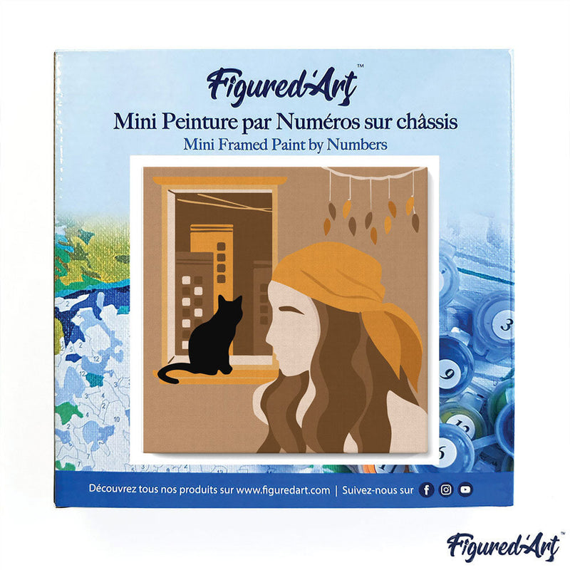 Mini Peinture Par Numéros 20X20Cm Avec Cadre Femme Et Son Chat À La Fenêtre