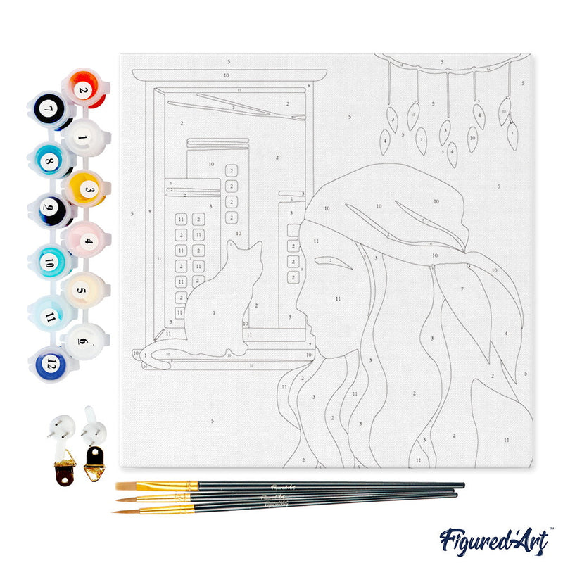 Mini Peinture Par Numéros 20X20Cm Avec Cadre Femme Et Son Chat À La Fenêtre