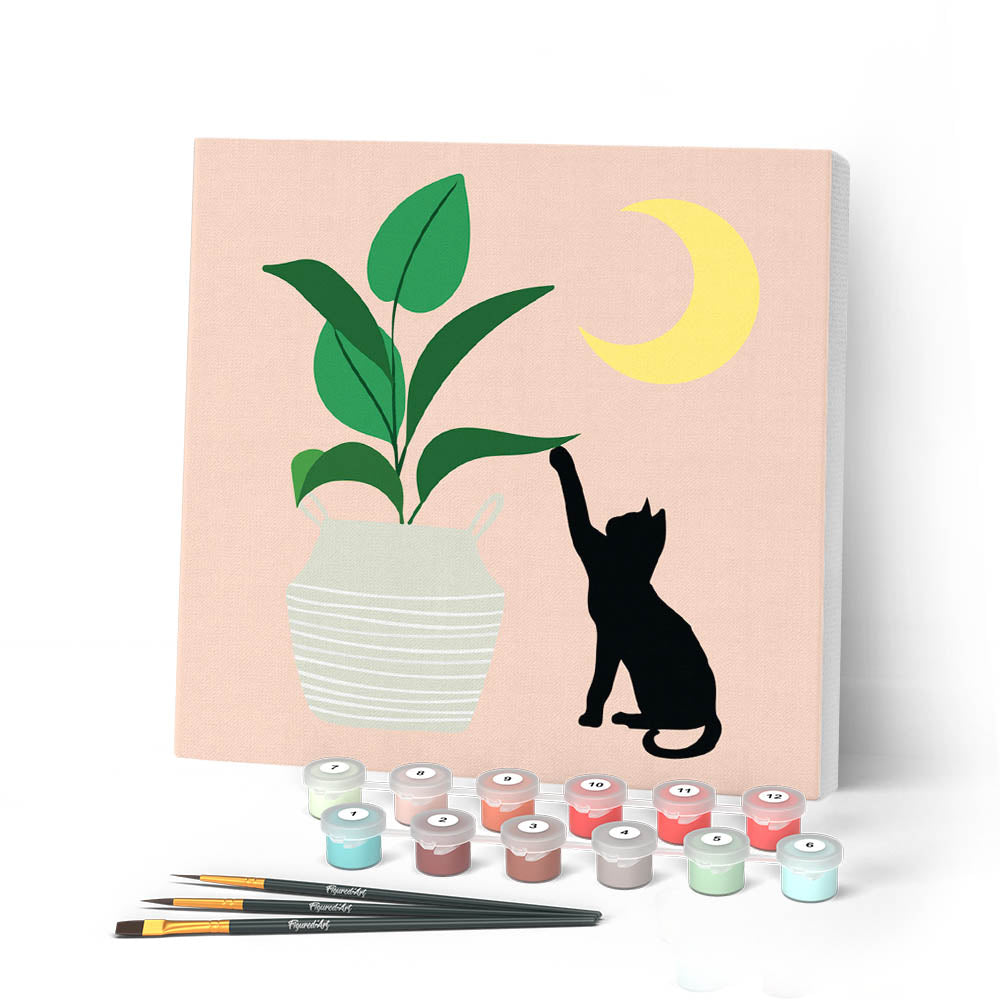 Mini Paint by Numbers 20x20cm with Frame Kitten and Plant in Moonlight