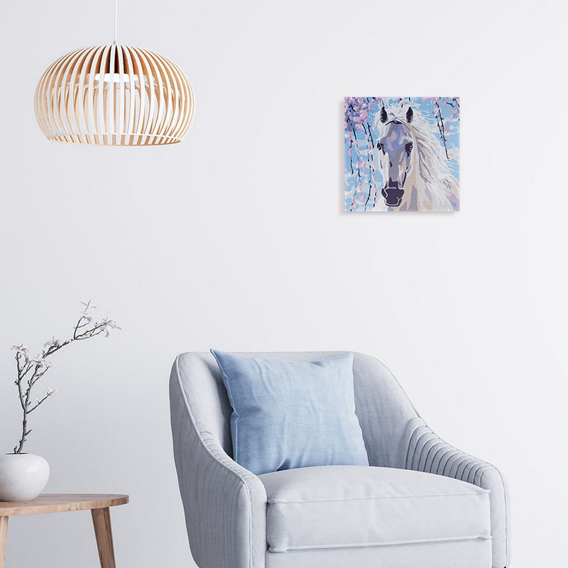 Mini Peinture Par Numéros 20X20Cm Avec Cadre Cheval Et Fleurs Blanches