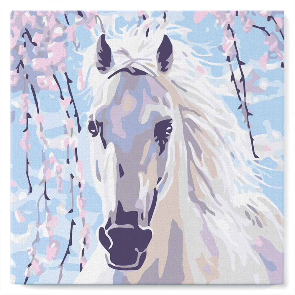 Mini Peinture Par Numéros 20X20Cm Avec Cadre Cheval Et Fleurs Blanches