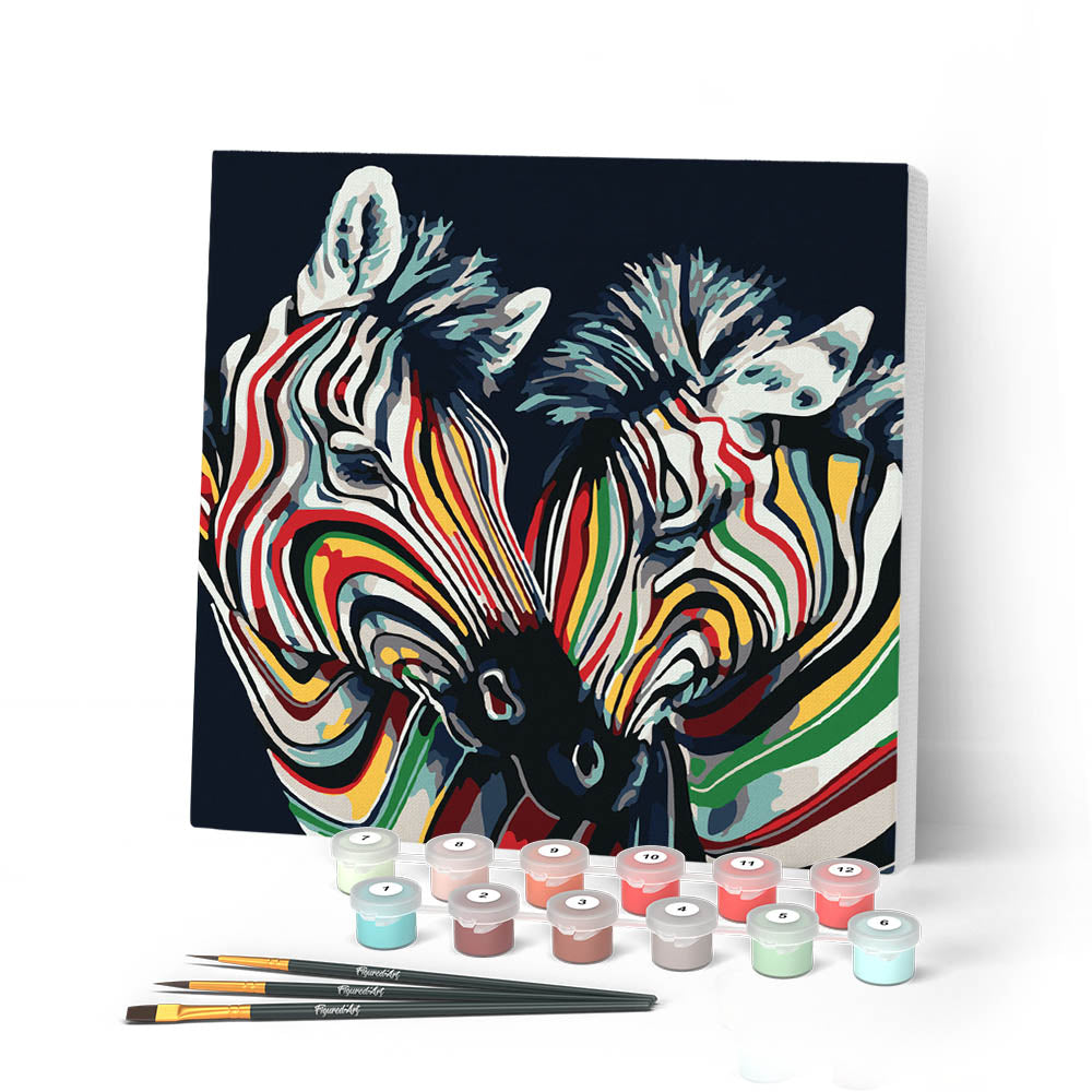 Mini Peinture Par Numéros 20X20Cm Avec Cadre Couple De Zèbres Colorés