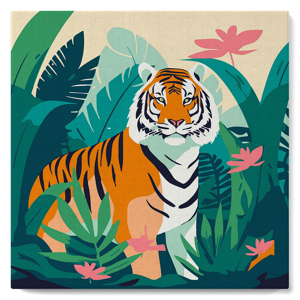 Mini Peinture Par Numéros 20X20Cm Avec Cadre Tigre Du Bengale Tropical