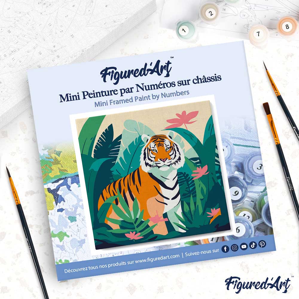 Mini Peinture Par Numéros 20X20Cm Avec Cadre Tigre Du Bengale Tropical