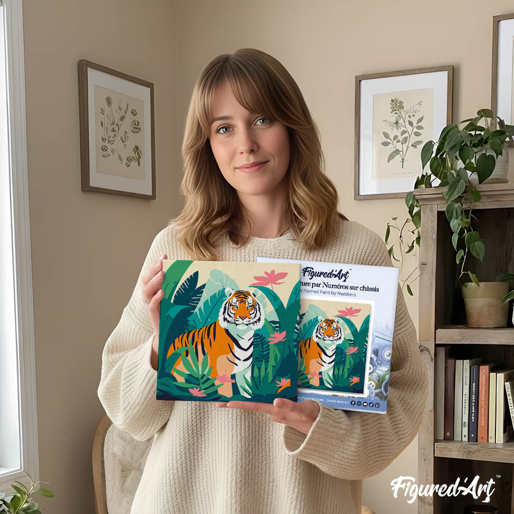 Mini Peinture Par Numéros 20X20Cm Avec Cadre Tigre Du Bengale Tropical