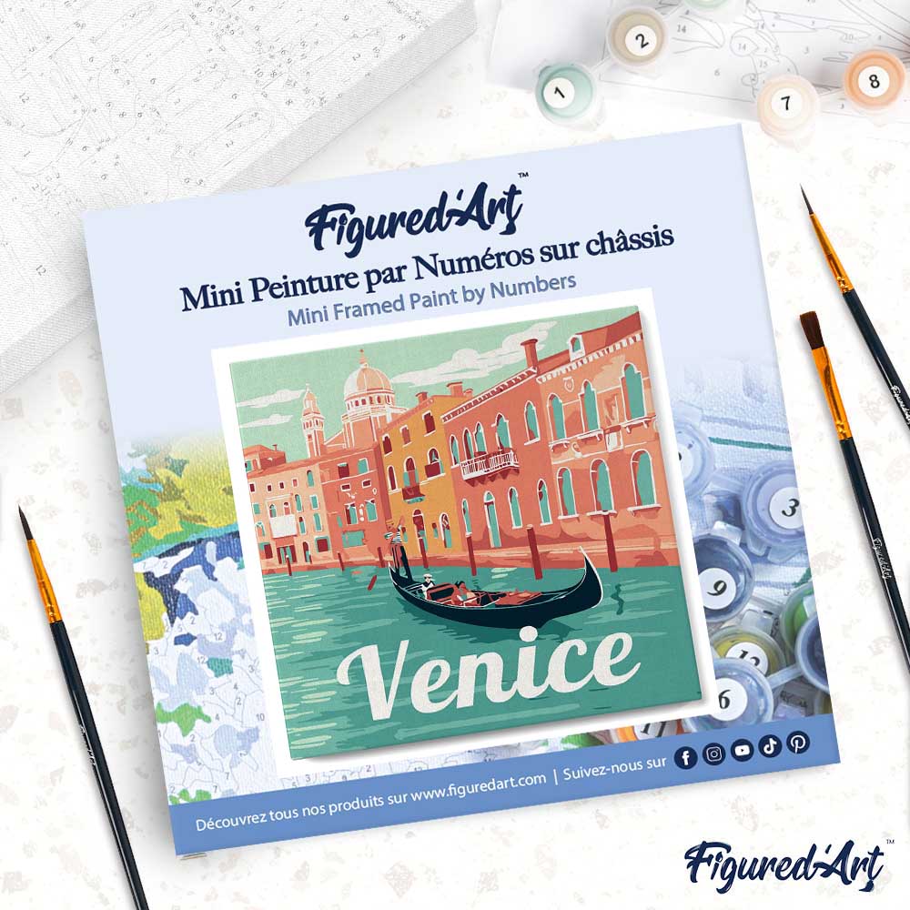 Mini pintura por números 20x20cm con marco Góndolas en Venecia