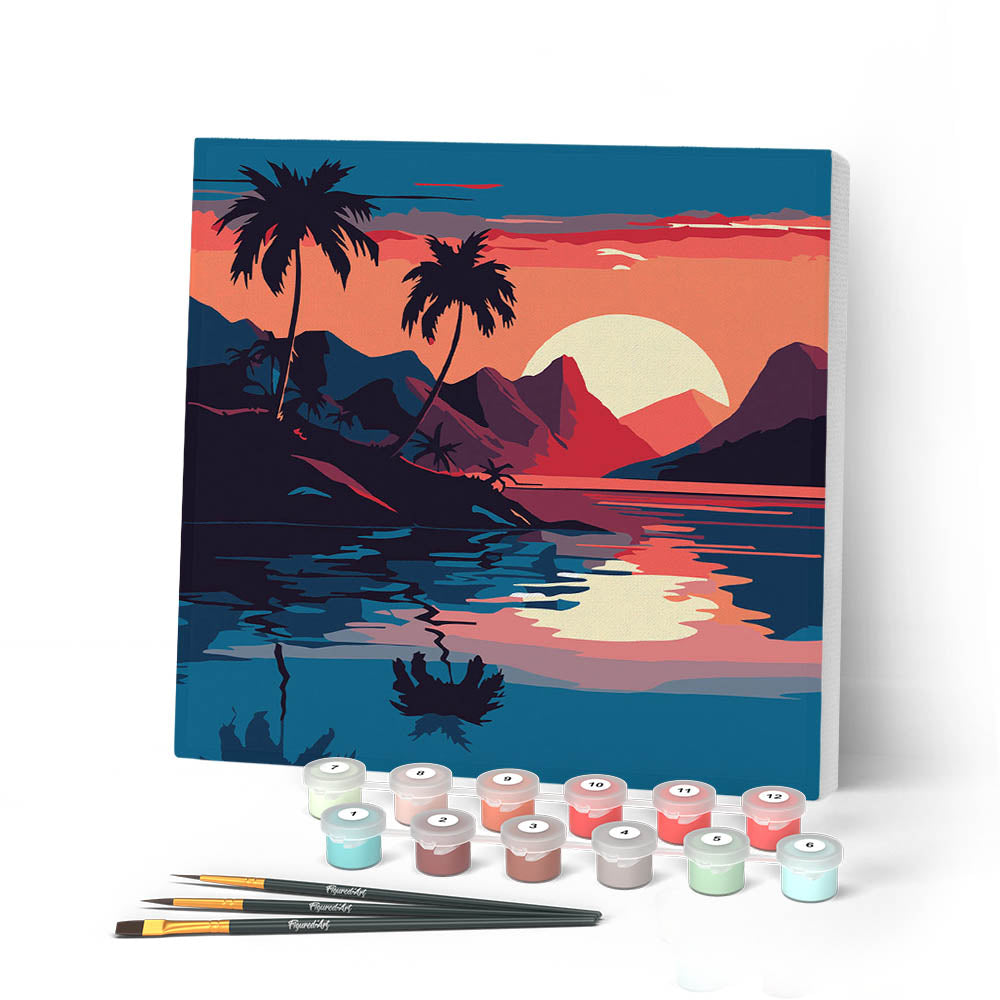 Mini pintura por números 20x20cm con marco Mar y puesta de sol