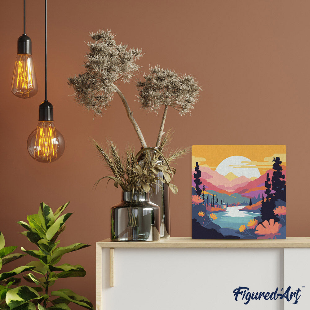 Mini Paint By Numbers 20X20Cm With Frame Colourful Sunset By The Lake