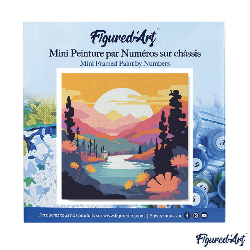 Mini Peinture Par Numéros 20X20Cm Avec Cadre Coucher De Soleil Coloré Au Bord Du Lac