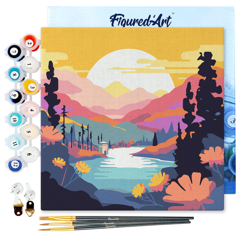 Mini Peinture Par Numéros 20X20Cm Avec Cadre Coucher De Soleil Coloré Au Bord Du Lac