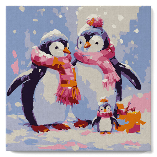 Mini Peinture par Numéros 20x20cm avec cadre Famille de Pingouins sous la Neige