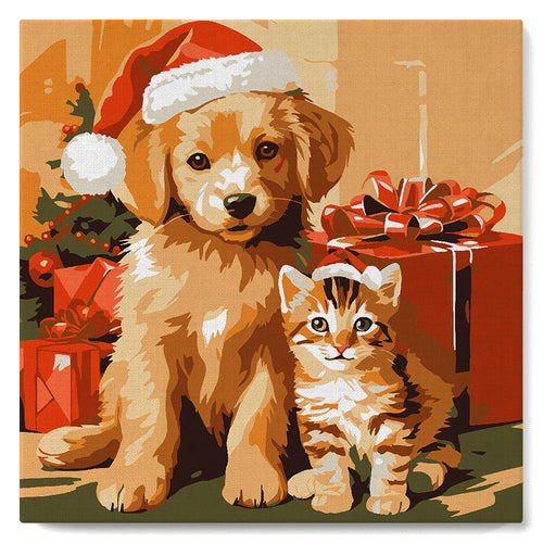 Mini Peinture par Numéros 20x20cm avec cadre Chat et Chien de Noël