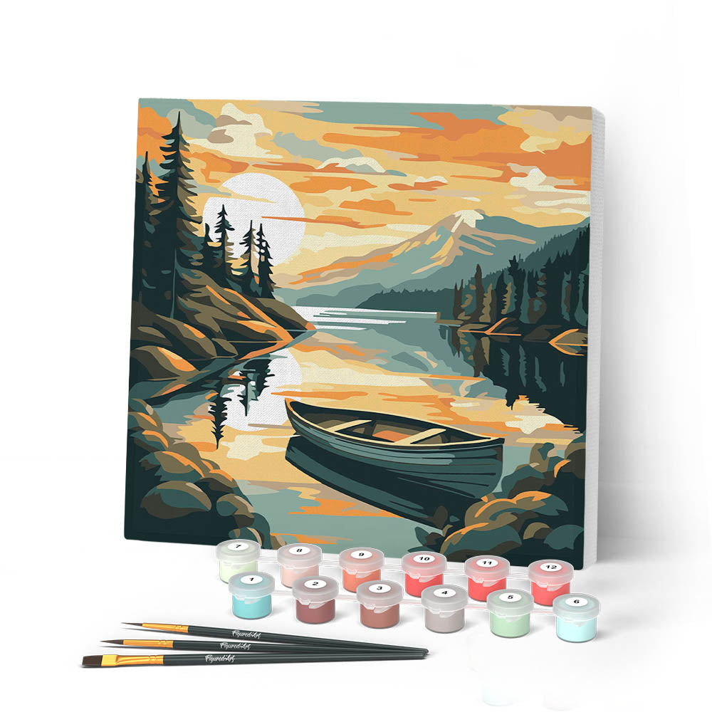 Mini Peinture Par Numéros 20X20Cm Avec Cadre Lac De Montagne Et Canoë