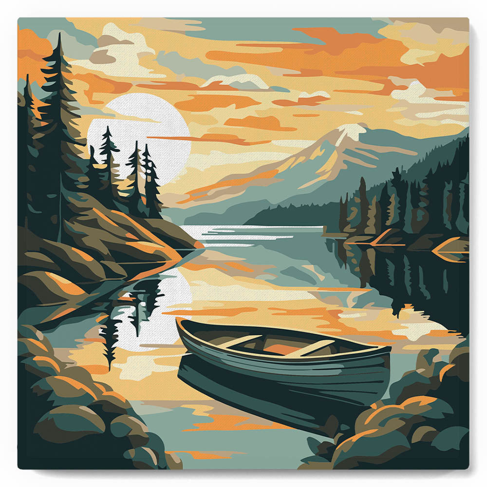 Mini Peinture Par Numéros 20X20Cm Avec Cadre Lac De Montagne Et Canoë