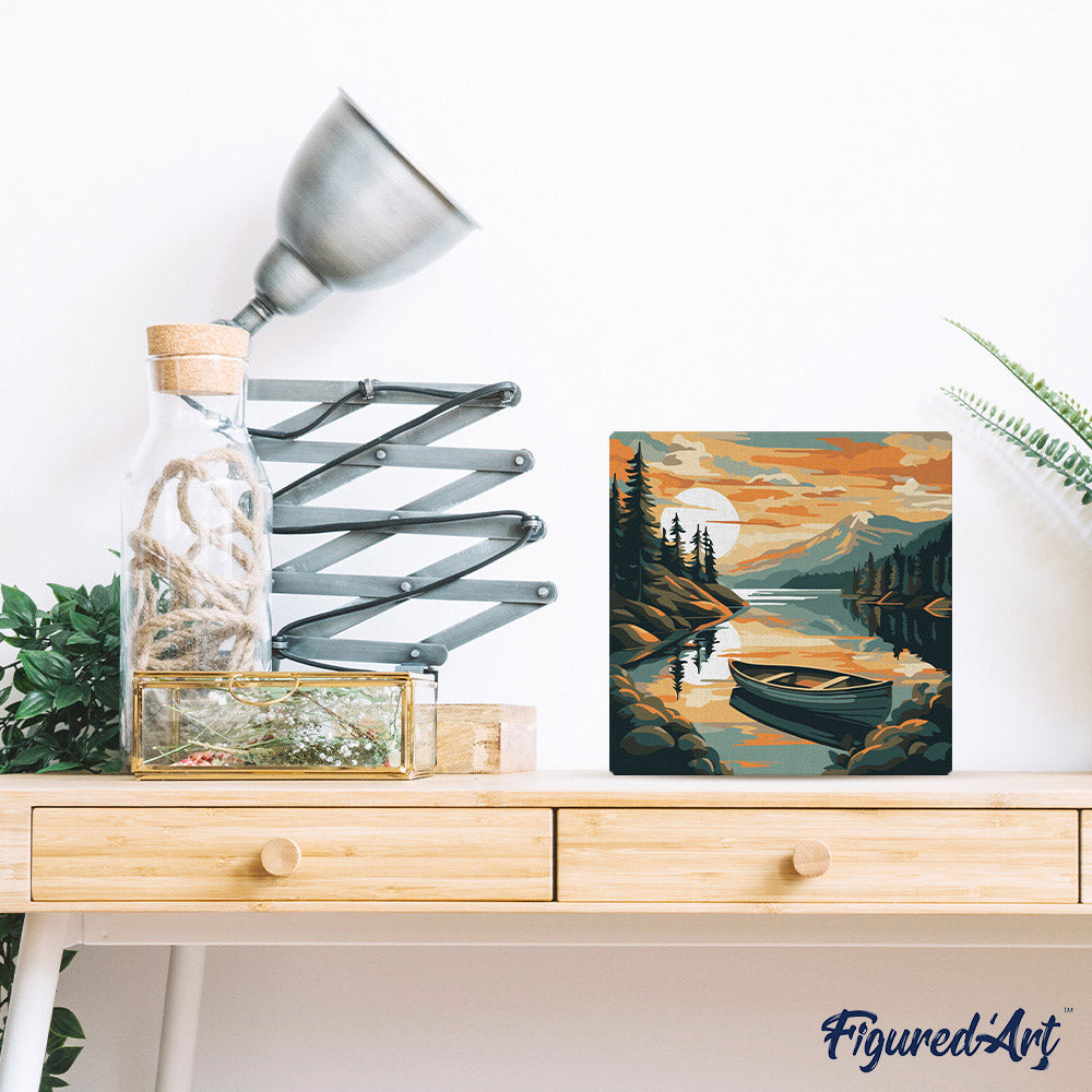 Mini Peinture Par Numéros 20X20Cm Avec Cadre Lac De Montagne Et Canoë