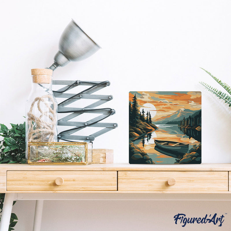 Mini Peinture Par Numéros 20X20Cm Avec Cadre Lac De Montagne Et Canoë