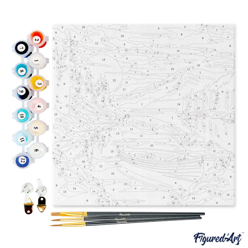 Mini Peinture Par Numéros 20X20Cm Avec Cadre Lac De Montagne Et Canoë