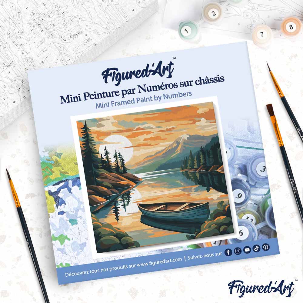 Mini Peinture Par Numéros 20X20Cm Avec Cadre Lac De Montagne Et Canoë