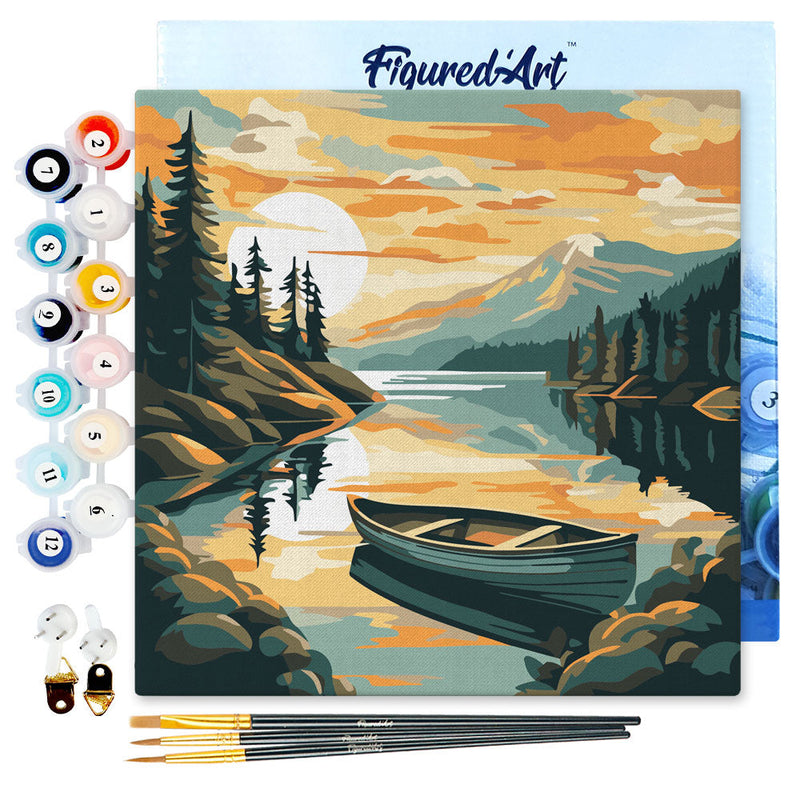 Mini Peinture Par Numéros 20X20Cm Avec Cadre Lac De Montagne Et Canoë