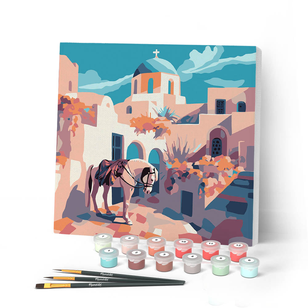 Mini Peinture Par Numéros 20X20Cm Avec Cadre Scène De Cheval À Santorin