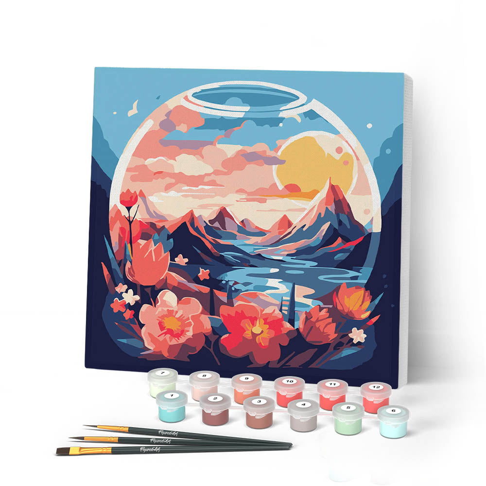 Mini Peinture Par Numéros 20X20Cm Avec Cadre Montagnes Et Boule De Verre