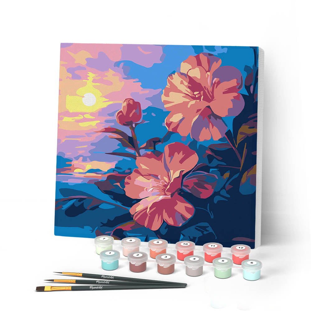 Mini Peinture Par Numéros 20X20Cm Avec Cadre Hibiscus Au Coucher De Soleil